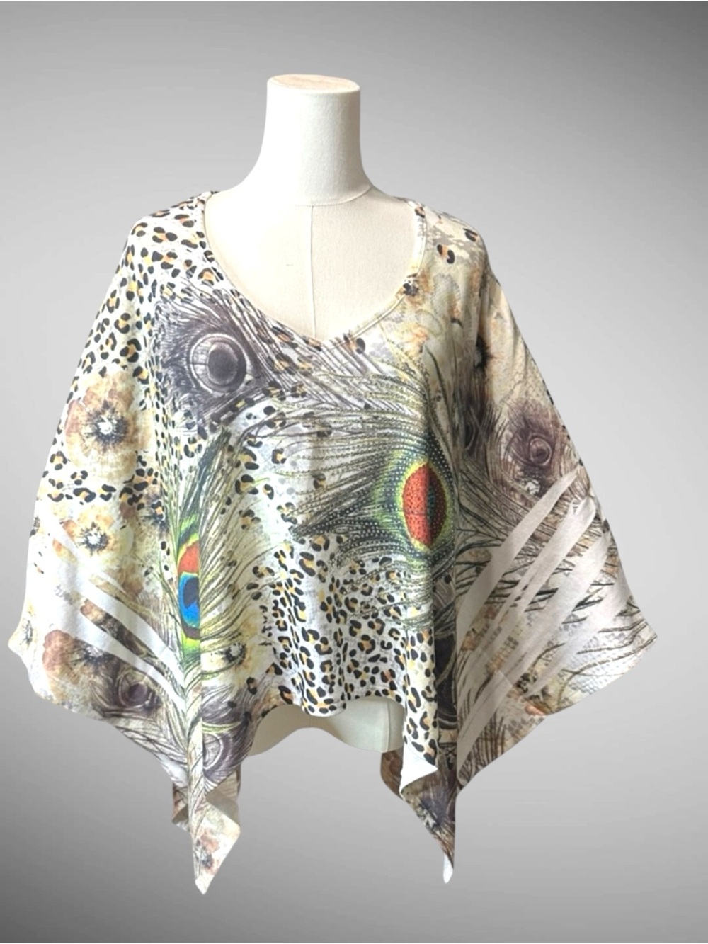 Love J Peacock Feather Leopard Print Poncho Tunic Top M Oversized Batwing